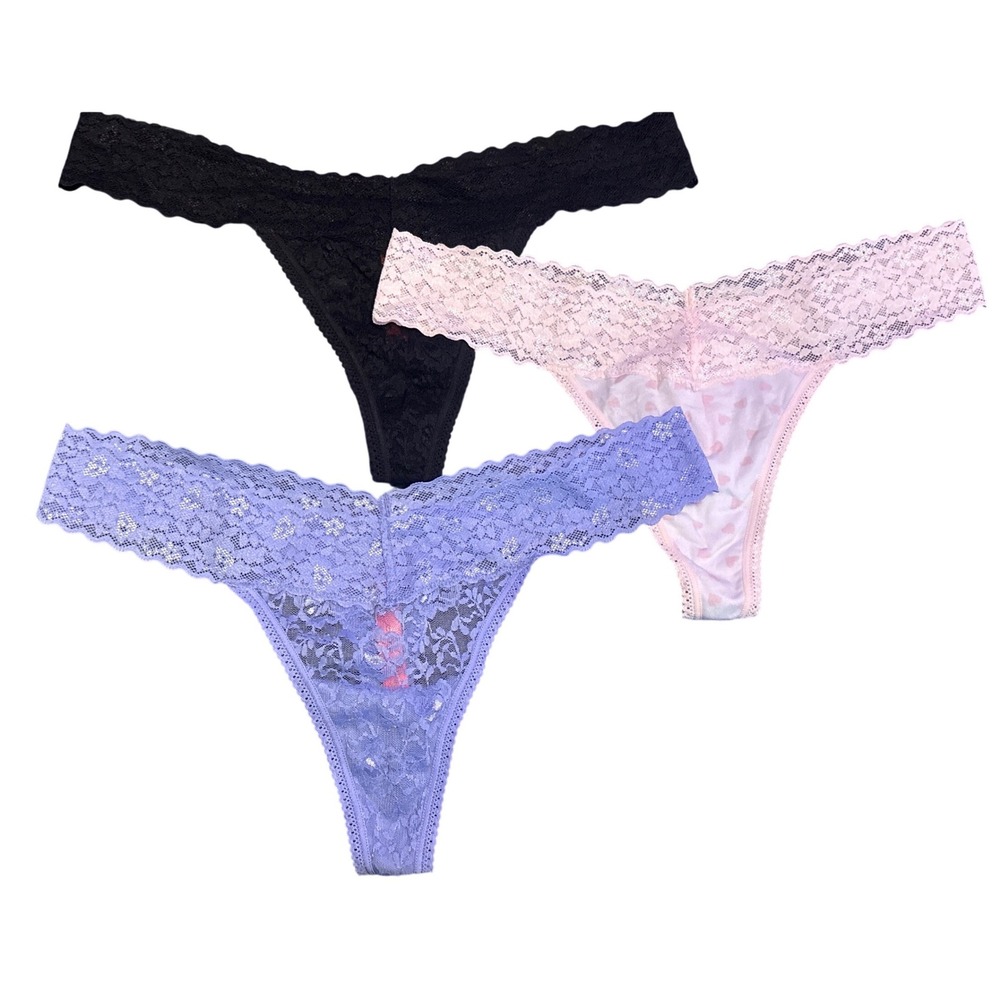 NEW Betsey Johnson 3 Pack Lace Thong Panties Black Pink Lavender Large